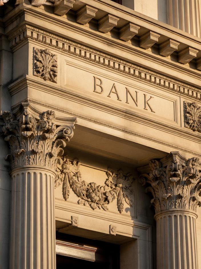 Architectural detail of a classic bank building facade